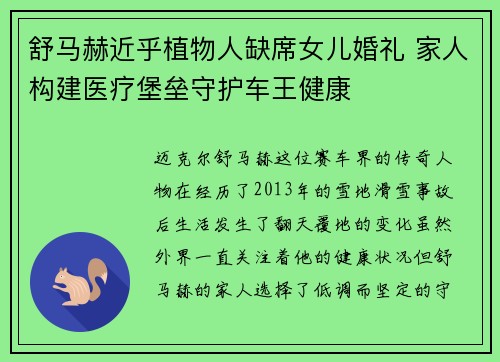 舒马赫近乎植物人缺席女儿婚礼 家人构建医疗堡垒守护车王健康