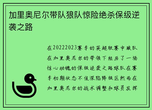 加里奥尼尔带队狼队惊险绝杀保级逆袭之路